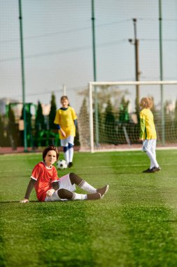 Bir grup hevesli genç çocuk hareketli bir futbol oyunu oynuyorlar. Koşuyorlar, top sürüyorlar, pas veriyorlar ve çimenli bir alanda topa vuruyorlar, takım çalışması ve sportmenlik sergiliyorlar..