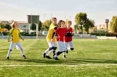 A vibrant scene unfolds as a group of energetic young children engage in a game of soccer on a grassy field. Dressed in colorful jerseys, they dribble, pass, and shoot the ball with enthusiasm, showcasing teamwork and sportsmanship. clipart