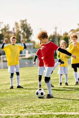 Bir grup enerjik genç çocuk coşkuyla futbol oynuyorlar, topa vuruyorlar ve güneşli bir günde parkta gol atmaya çalışıyorlar..
