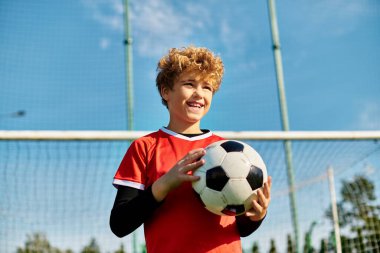 Genç bir çocuk futbol kalesinin önünde duruyor, elinde kararlı bir ifadeyle bir futbol topu tutuyor. Bir tekme için pozisyon aldı, spora olan aşkını ve gol atmaya hazır olduğunu gösteriyor..