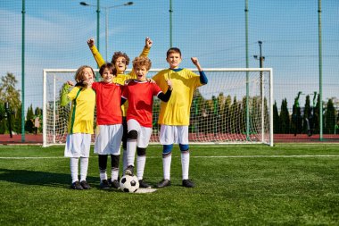A group of young children, filled with energy and enthusiasm, stand triumphantly on top of a soccer field, celebrating their teamwork and victory. clipart