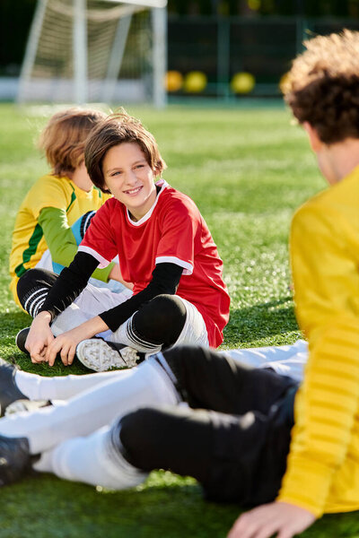 Разнообразная группа молодых людей, сидящих на вершине яркого зеленого луга, наслаждаясь друг с другом компанией среди красоты природы.