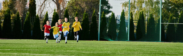 Группа молодых людей играет в оживленную игру в футбол. Они бегут, пинаются и передают мяч по травяному полю. Игроки сосредоточены, целеустремлены и наслаждаются соревновательной, но веселой атмосферой.