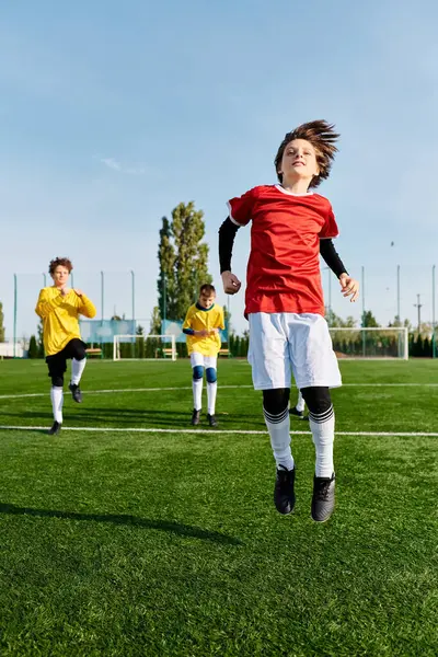 Bir grup genç adam çimenli bir sahada arkadaşça ama rekabetçi bir futbol maçına katıldı. Top sürüyorlar, takım arkadaşlarına pas veriyorlar ve coşkulu tezahüratlar ve kutlamalar arasında gol atmaya çalışıyorlar..
