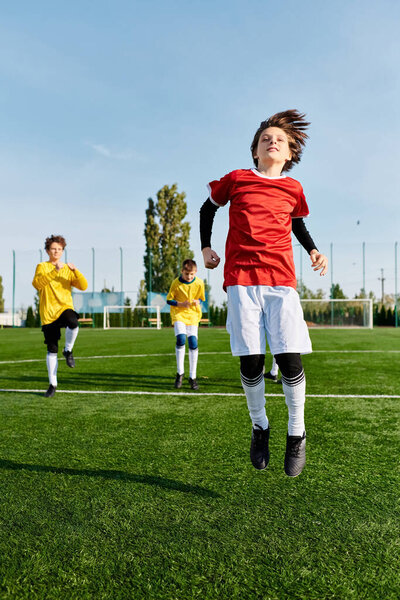 Группа молодых людей, участвующих в товарищеской, но конкурентоспособной игре в футбол на травянистом поле. Они капают мяч, переходя к товарищам по команде, и пытаются забить голы под восторженные возгласы и торжества.