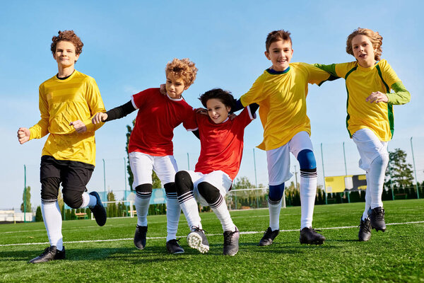 Живая группа маленьких детей с радостью играет в футбол на травянистом поле, бегает, пинает мяч и болеет друг за друга.