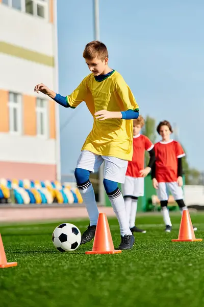 活気に満ちたフィールドでコーンの周りにサッカーボールを蹴り チームワークとアクションのスキルを披露する若い少年たちの活発なグループ — ストック写真