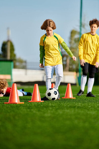 A group of young children, filled with enthusiasm, are engaged in a lively game of soccer. They are running, kicking the ball, laughing, and cheering each other on. The sun is shining brightly, casting long shadows on the grassy field.