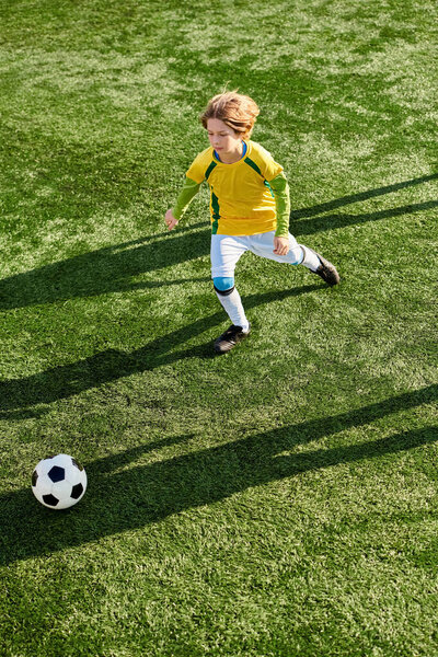 A young boy energetically kicks a soccer ball across a vibrant green field, displaying skill and determination in his game.