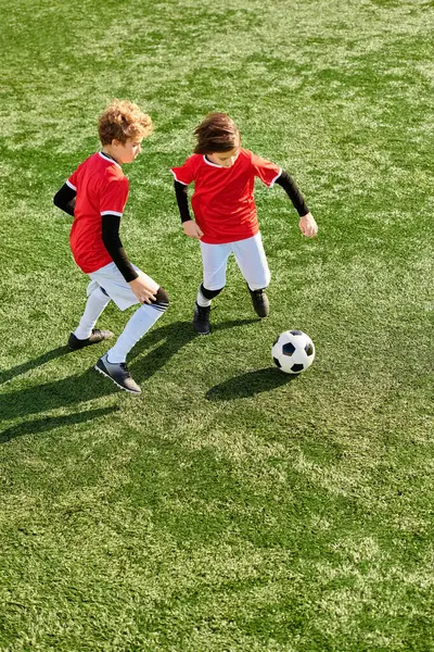 Two young boys are energetically kicking a soccer ball back and forth on a vibrant green field, immersed in the joy of the game.