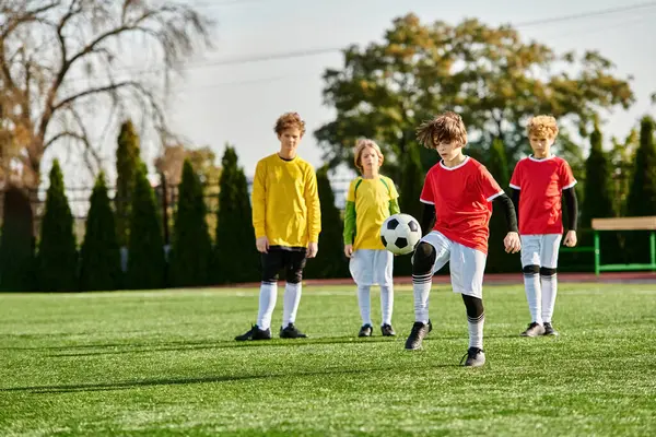 Group Spirited Young Boys Stands Proudly Atop Soccer Field Eyes — Stock Photo, Image