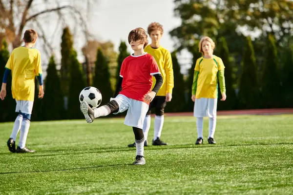 A group of young boys, full of energy and enthusiasm, engage in a lively game of soccer on a grassy field. They run, kick, and pass the ball with skill and determination, their laughter and shouts filling the air.