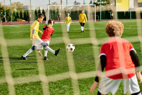 Coşkulu bir futbol oyunu oynayan, koşan, tekmeleyen ve topu saf zevk ve enerjiyle geçen bir grup genç çocuk..