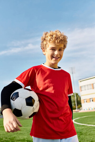 A young boy stands confidently on a lush green soccer field, holding a soccer ball with determination. The sun is shining brightly, casting a warm glow on his eager face.