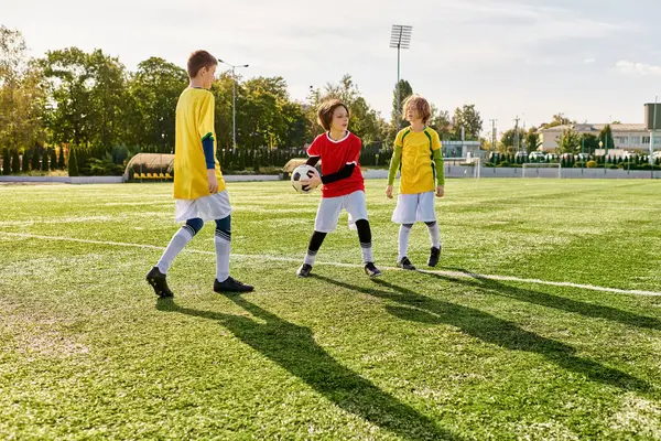 Grup Dinamic Tineri Află Triumfător Teren Fotbal Vibrant Sărbătorindu Victoria — Fotografie, imagine de stoc