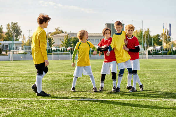 A vibrant group of young children stand triumphantly on the lush green soccer field, their faces beaming with joy and accomplishment. The setting sun casts a warm glow over the scene as they celebrate their teamwork and victory.