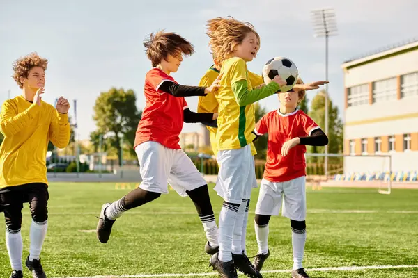一群各种各样的幼儿正在热烈地踢足球 他们跑着 踢着球 互相欢呼着 阳光灿烂 草场生机勃勃 — 图库照片