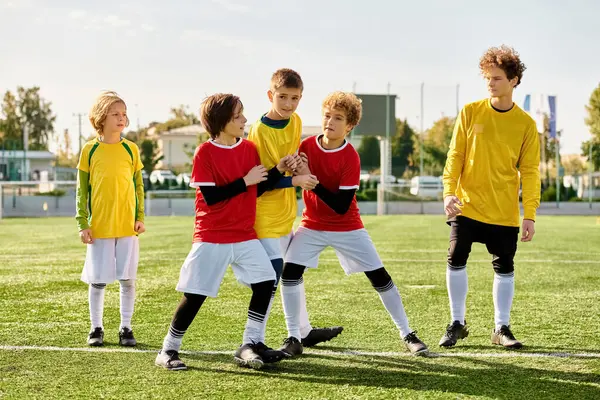 Group Young Men Stand Triumphantly Top Soccer Field Elated Hard — Stock Photo, Image