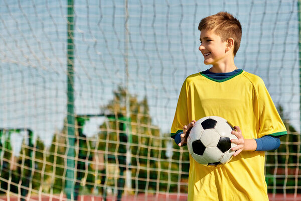 A young boy stands confidently in front of a goal, soccer ball in hand, envisioning his victory. His gaze is fixed on the net, determination in his eyes.