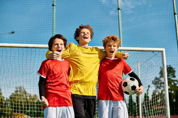 Group Young Boys All Dressed Soccer Jerseys Stand Closely Together — Stock Photo, Image