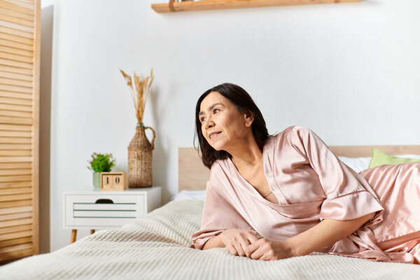 A woman in cozy homewear relaxing on a bed in a room.