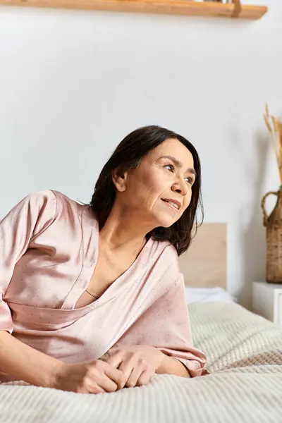 Mature Woman Cozy Homewear Lying Top Bed — Stock Photo, Image