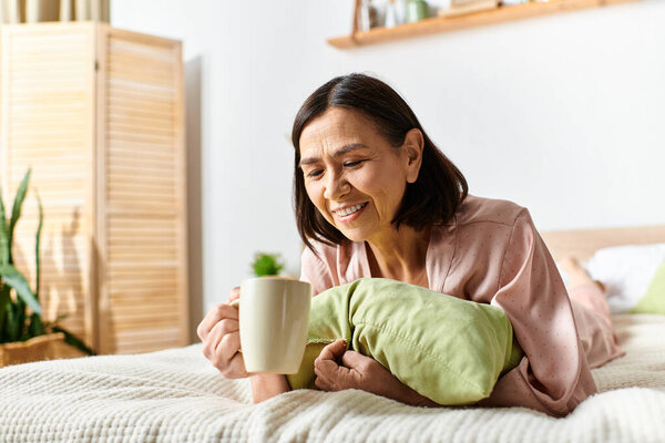 A woman in cozy homewear enjoys a cup of coffee while lounging on a bed.
