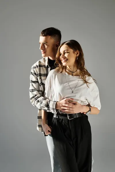 Young Couple Love Standing Side Side Studio Grey Background — Foto de Stock