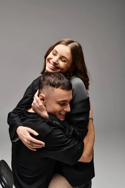 Man Woman Intertwine Warm Hug Expressing Affection Closeness Studio Grey — Stock Photo, Image