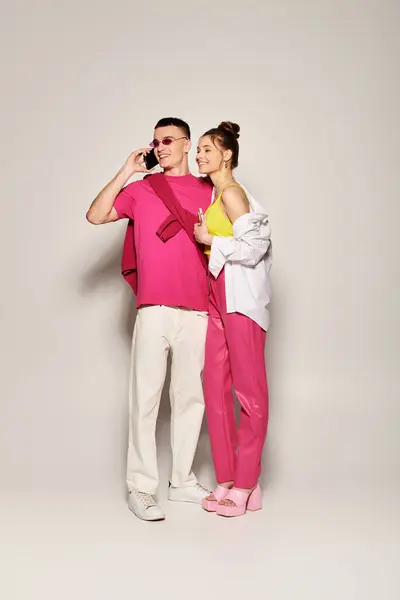 Stylish Man Woman Standing Close Together Studio Exuding Love Connection —  Fotos de Stock