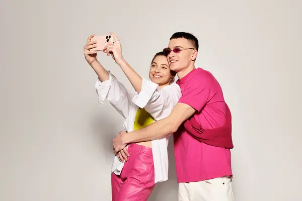 Stylish Young Couple Love Takes Selfie Together Studio Grey Background — Stockfoto