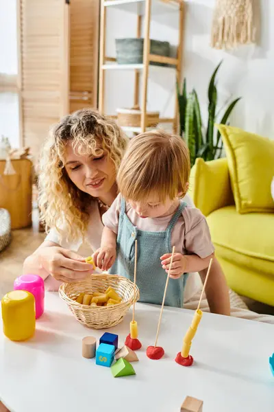 Curly Haired Mother Her Toddler Daughter Play Toys Embracing Montessori — Stock Photo, Image
