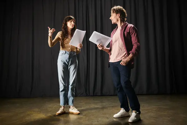 Man Woman Review Papers Together Theater Rehearsals — Stock Photo, Image