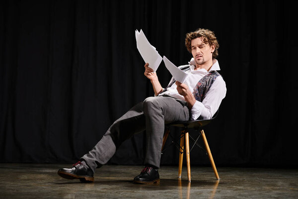 Человек, занятый чтением сценария, сидя в кресле.