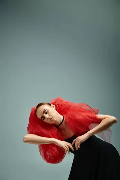 Young Ballerina Red Hair Gracefully Dances Black Dress — Stock Photo, Image