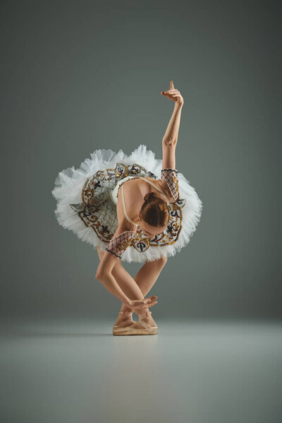 A young beautiful ballerina in a tutu gracefully poses while dancing en pointe.
