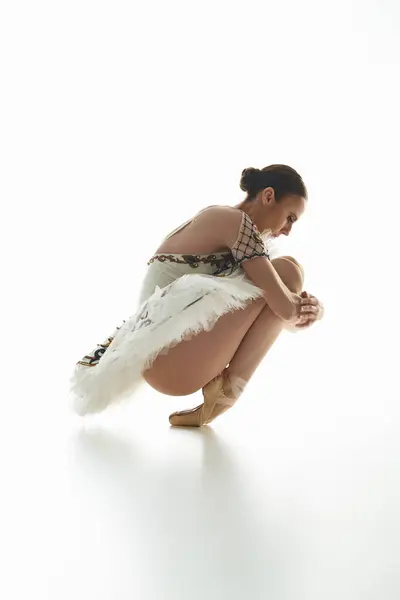 Young Beautiful Ballerina Costume Gracefully Kneels — Stock Photo, Image