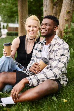 Çok kültürlü bir çift, Afro-Amerikalı bir adam ve beyaz bir kadın, bir parkın yemyeşil çimlerinde birlikte oturuyorlar..