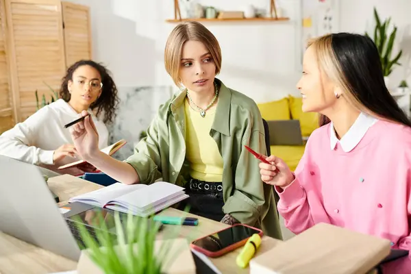 Group Interracial Teenage Girls Engage Study Session Together Focused Laptop — Stock Photo, Image