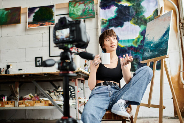 Женщина мирно сидит в кресле, наслаждаясь чашкой кофе.