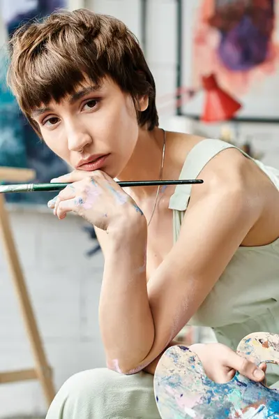 Appealing Woman Sitting Front Easel Paintbrush — Stock Photo, Image