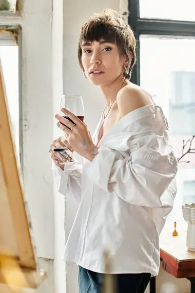 Woman White Shirt Gracefully Holds Glass Wine — Stockfoto