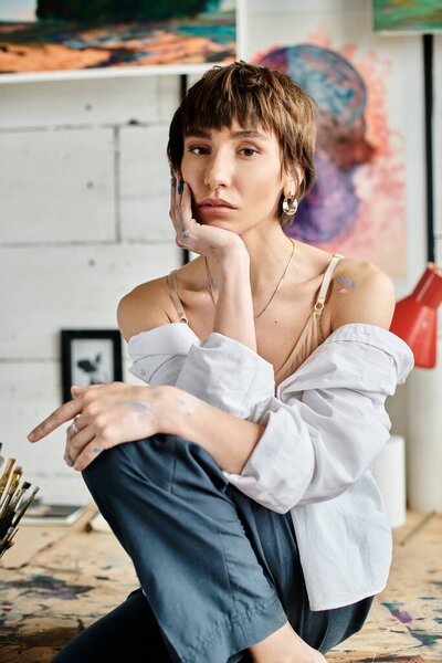 A woman seated on the floor, deeply engrossed in front of a breathtaking painting.
