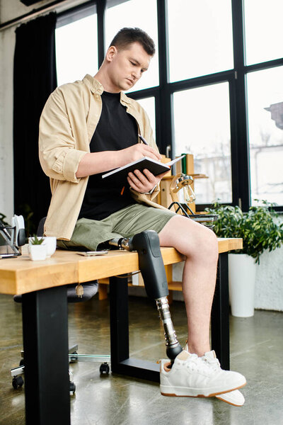 Красивый бизнесмен с протезной ногой, сидящий на деревянном столе.