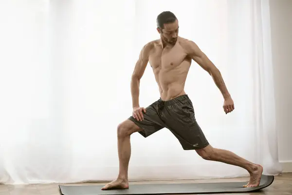Handsome Man Standing Yoga Mat Front Window — Stockfoto