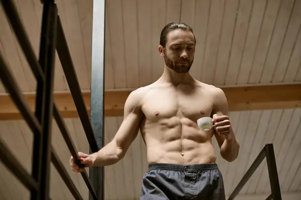 stock image Handsome man, shirtless, holds coffee in preparation for his morning routine.