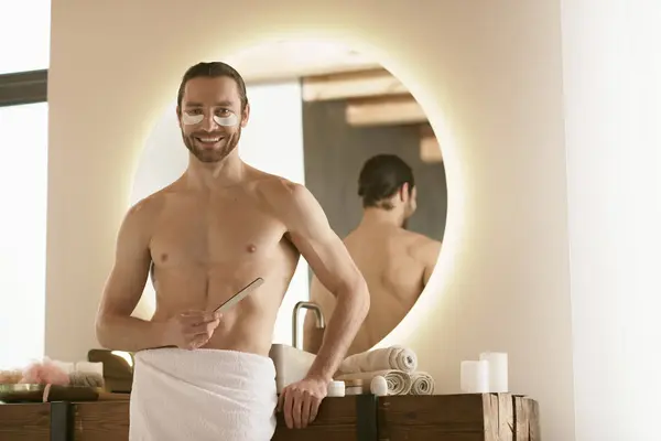 Man Towel Gazes Camera Performing His Morning Skincare Routine — Stock Photo, Image