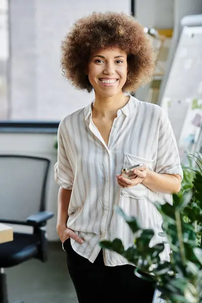 African American Woman Standing Confidently Modern Office Setting — Stockfoto