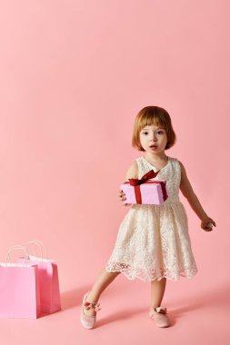 Little girl in white dress holding pink gift box. clipart