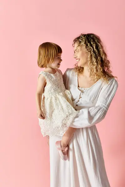 Curly Haired Mother Cute Girl White Dress Stand Vibrant Pink — ストック写真